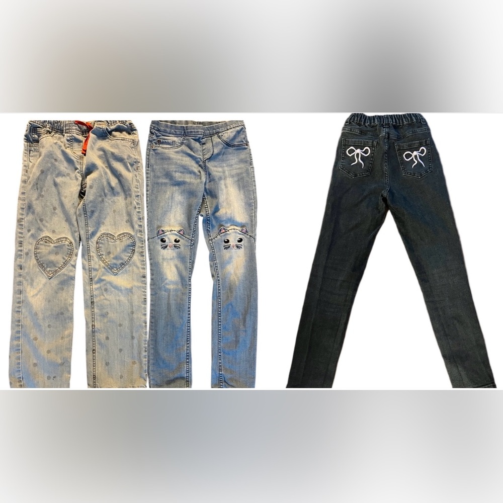 Mini Boden Cute Girl's Jeans with Heart, Cat Design, pink bow size 8/9